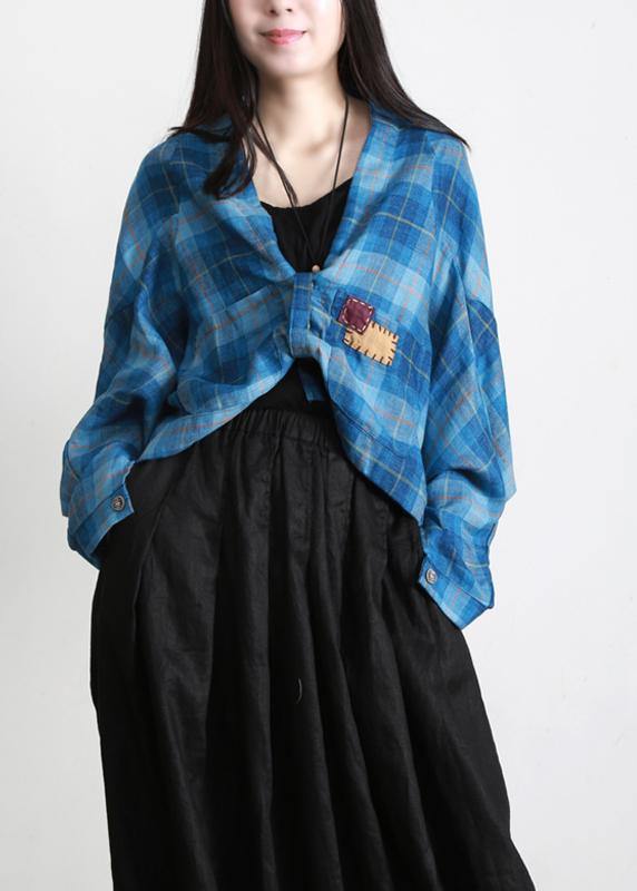Vintage Blue Plaid Batwing Sleeve Linen Summer Shirt Tops