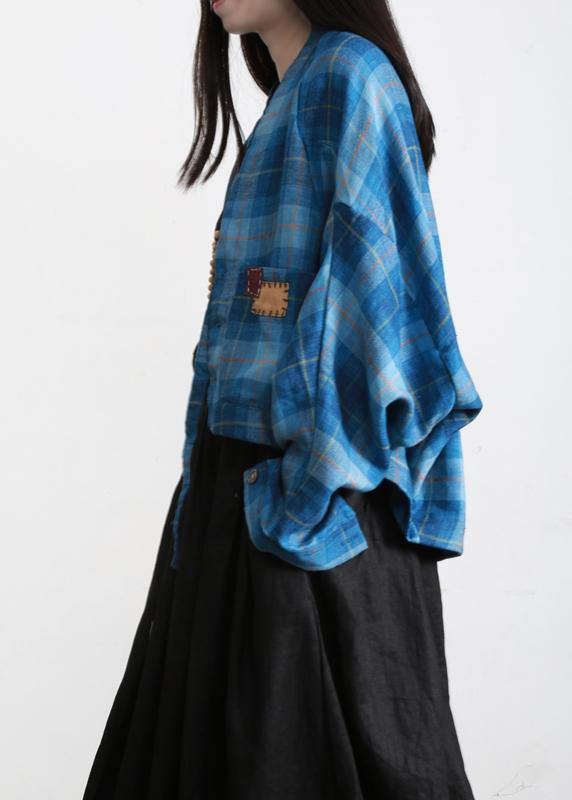 Vintage Blue Plaid Batwing Sleeve Linen Summer Shirt Tops