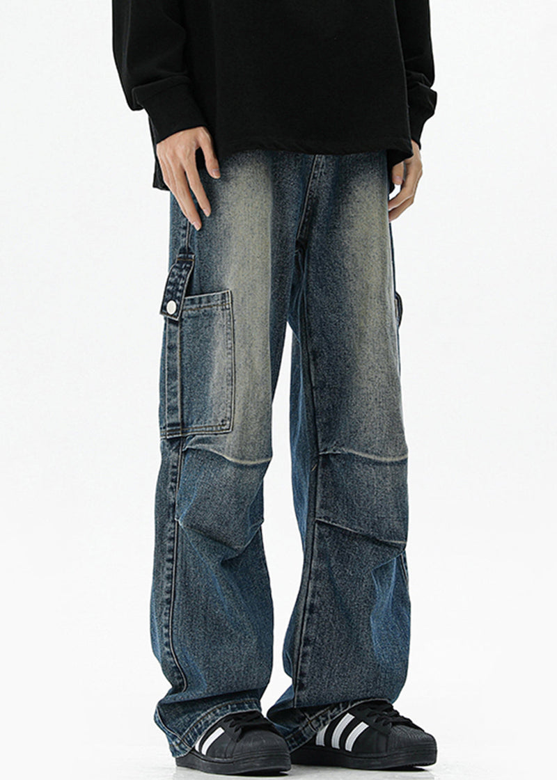 Blue Pockets High Waist Denim Pants Spring