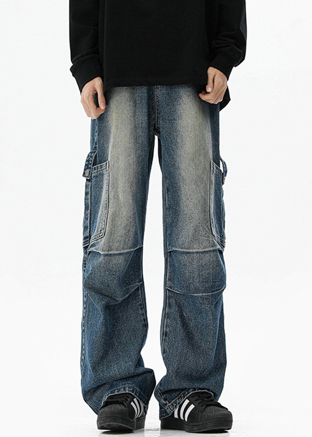 Blue Pockets High Waist Denim Pants Spring