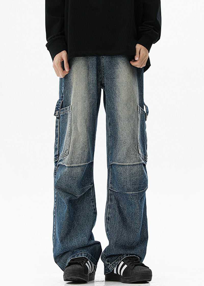 Blue Pockets High Waist Denim Pants Spring
