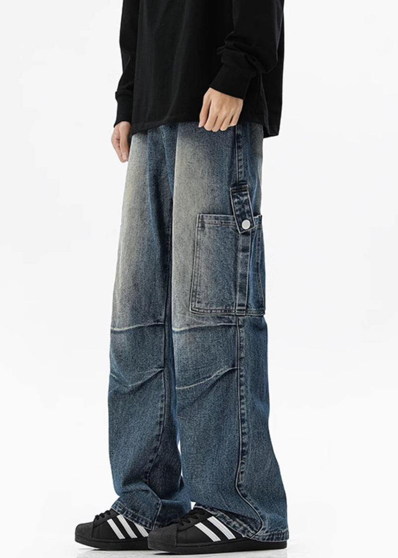 Blue Pockets High Waist Denim Pants Spring