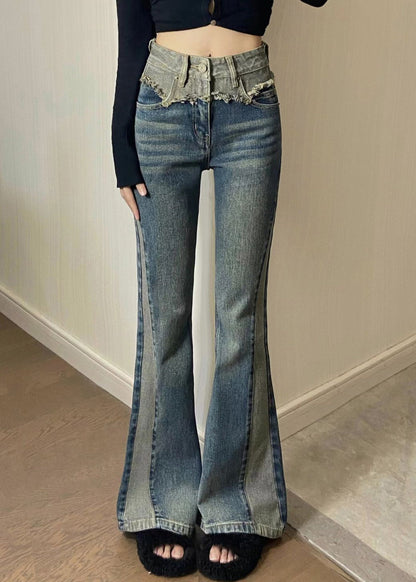 Blue Pockets High Waist Denim Pants Spring