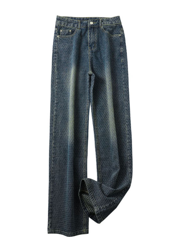 Blue Pockets Patchwork High Waist Cotton Straight Pants Fall