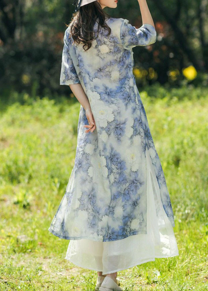 Blue Print Chinese Button Patchwork Linen Dresses Summer