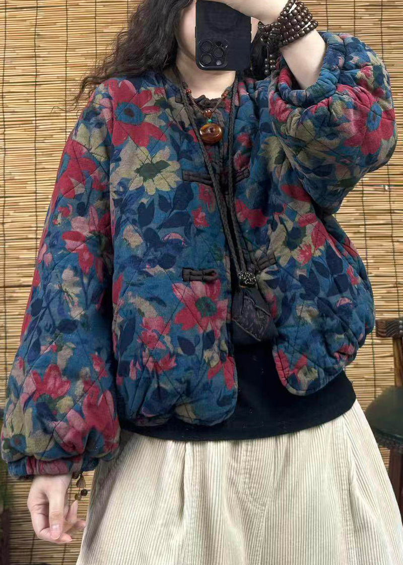 Blue Print Chinese Button Pockets Cotton Filled Coat Spring