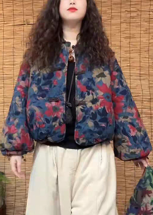 Blue Print Chinese Button Pockets Cotton Filled Coat Spring