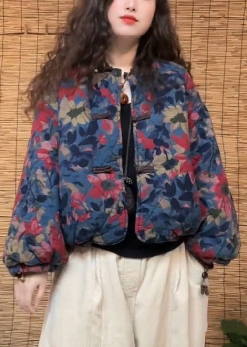 Blue Print Chinese Button Pockets Cotton Filled Coat Spring