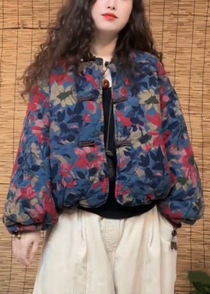 Blue Print Chinese Button Pockets Cotton Filled Coat Spring