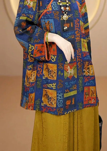 Vintage Blue Print Chinese Button Silk Shirt Top Fall