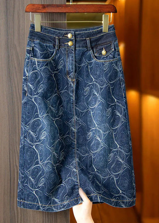 Blue Print High Waist Button Denim a Line Skirts Summer