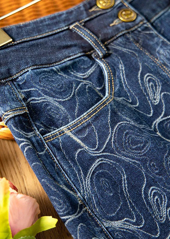 Blue Print High Waist Button Denim a Line Skirts Summer