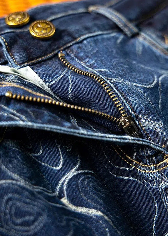 Blue Print High Waist Button Denim a Line Skirts Summer