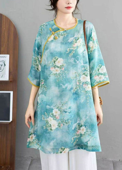Blue Print Linen Top Half Sleeve