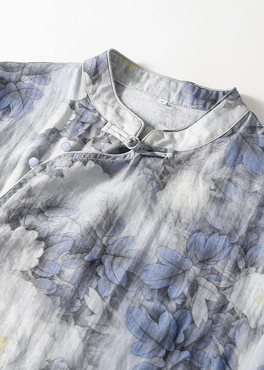 Blue Print Mandarin Collar Cotton Cheongsam Dresses Summer