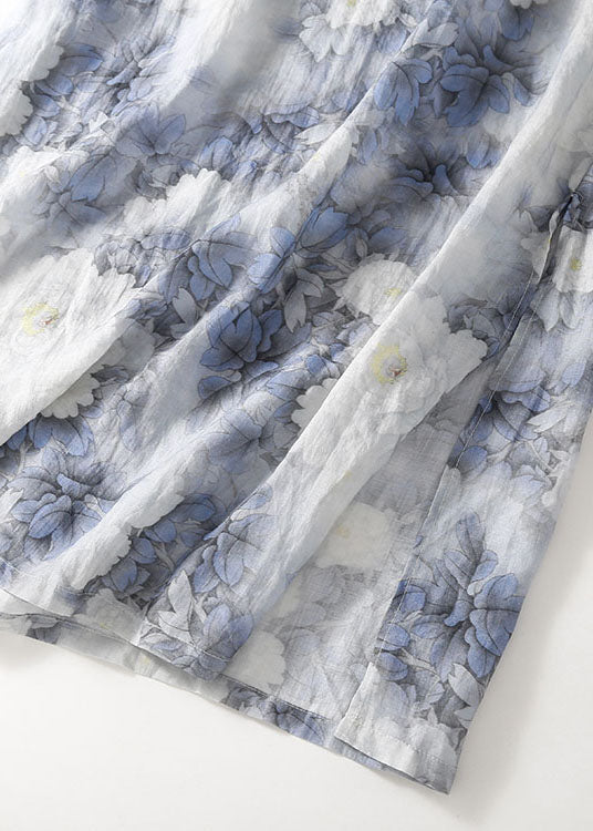 Blue Print Mandarin Collar Cotton Cheongsam Dresses Summer