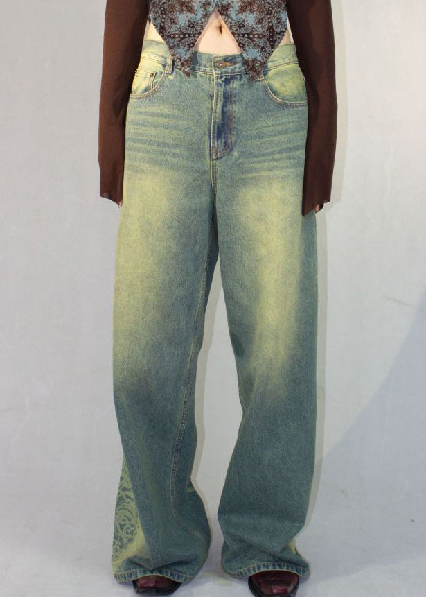 Blue Print Pockets High Waist Denim Pants Fall