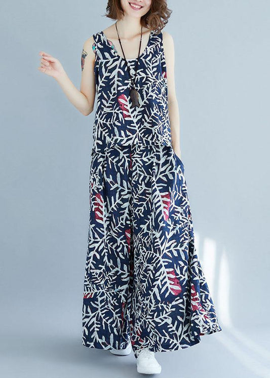Blue Print Sleeveless Two-piece Set Summer Cotton Linen