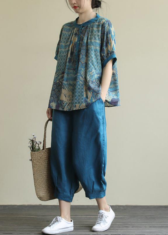 Blue Print Top and Harem Pants Two Piece Set Summer