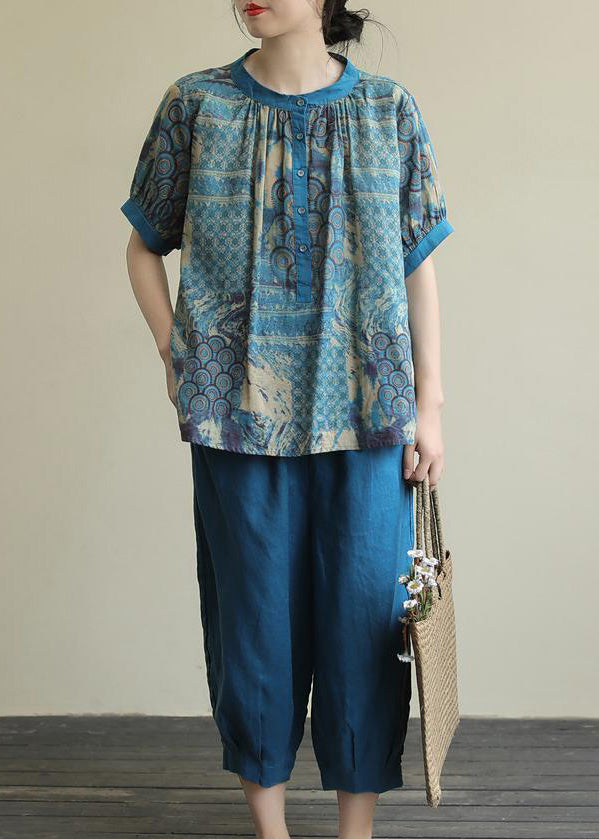 Blue Print Top and Harem Pants Two Piece Set Summer