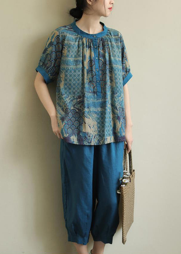 Blue Print Top and Harem Pants Two Piece Set Summer