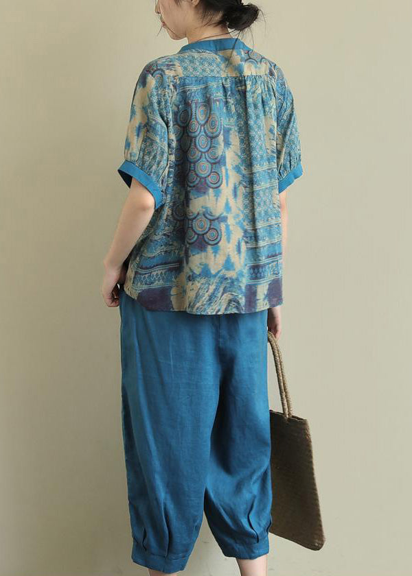 Blue Print Top and Harem Pants Two Piece Set Summer