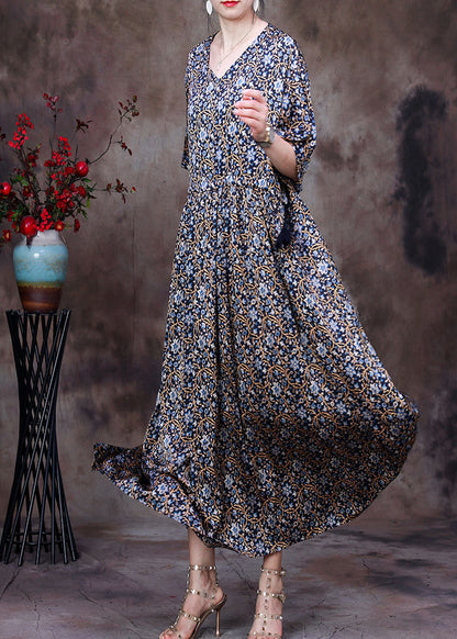 Blue Print V Neck Drawstring Silk Long Dresses for Half Sleeve
