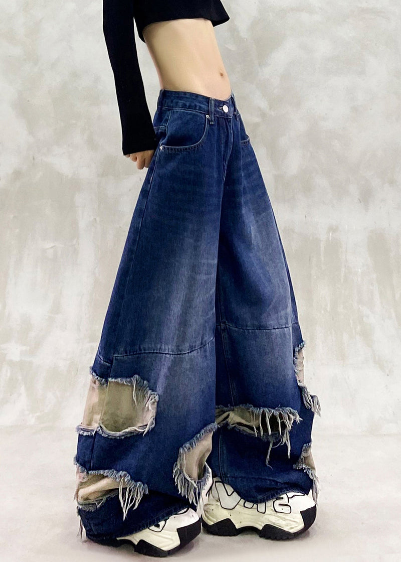 Blue Ripped Patchwork Denim Wide Leg Pants Spring
