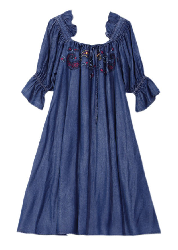 Blue Square Collar Embroideried Ruffled Patchwork Long Dresses Half Sleeve