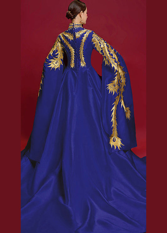 Blue Stand Collar Embroidered Patchwork Silk Dress Long Sleeve