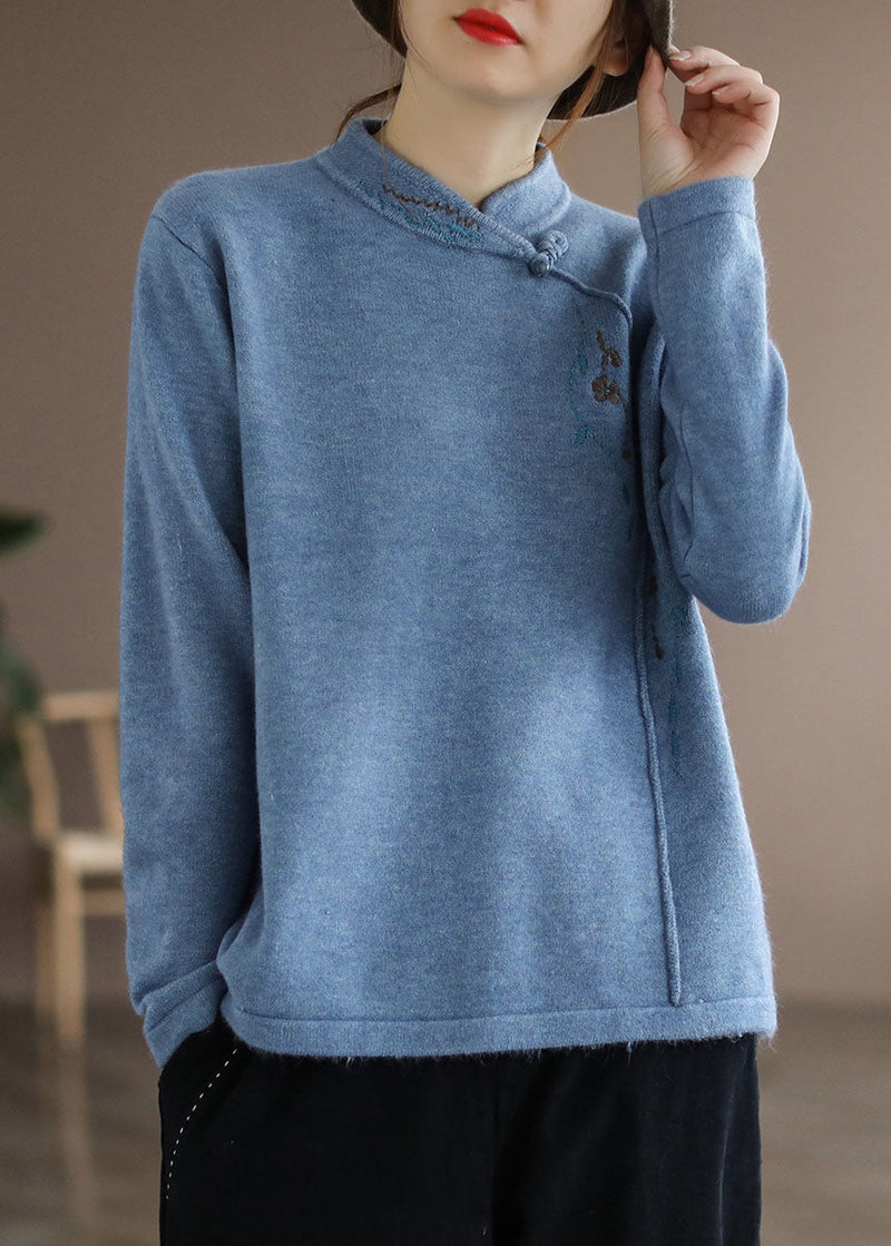 Blue Stand Collar Embroideried Thick Knitted Sweater Long Sleeve