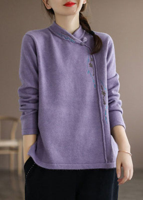 Blue Stand Collar Embroideried Thick Knitted Sweater Long Sleeve
