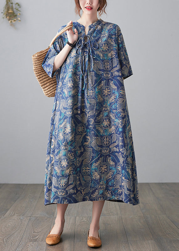 Blue Stand Collar Lace Up Print Linen Dresses Half Sleeve
