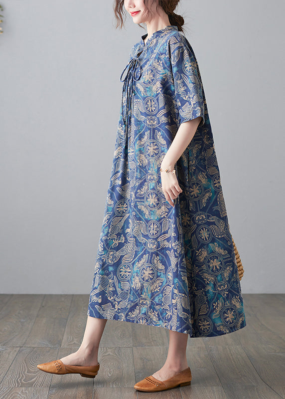 Blue Stand Collar Lace Up Print Linen Dresses Half Sleeve