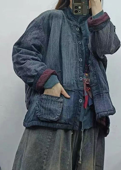 Blue Stand Collar Pockets Patchwork Fine Cotton Filled Jackets Winter