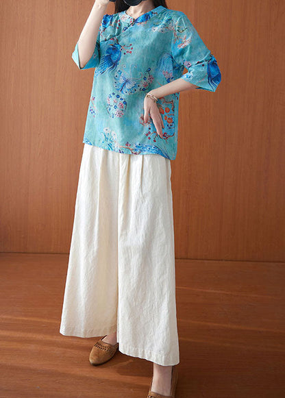 Blue Stand Collar Print Button Tops Spring