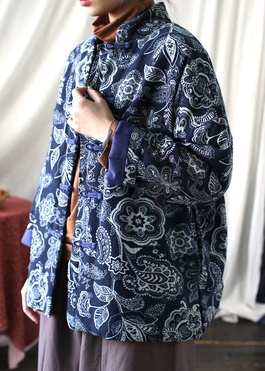 Blue Stand Collar Print Fine Cotton Filled Jackets Spring