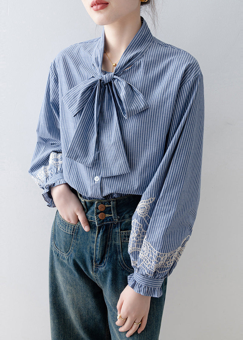 Blue Striped Bow Cotton Blouses Lantern Sleeve