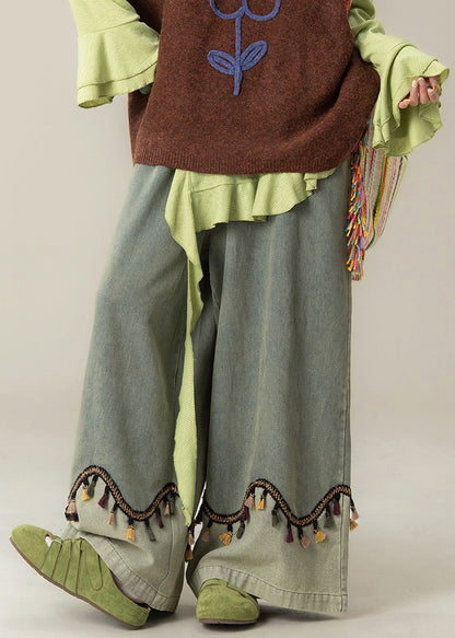 Blue Tasseled High Waist Patchwork Denim Wide Leg Pants Spring