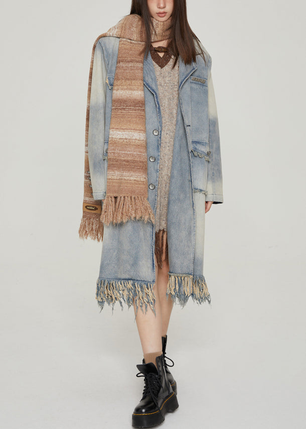 Blue Tasseled Pockets Patchwork Denim Long Coats Fall