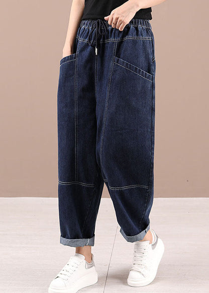 Blue Tie Waist Pockets Fall Patchwork Harem Pants