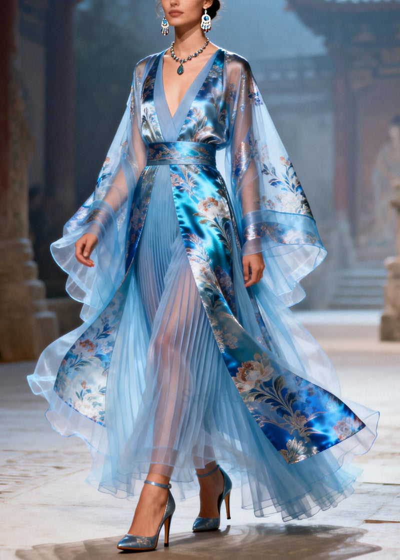 Blue Tunic Patchwork Wrinkled Chiffon Dresses Summer
