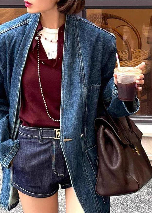 Blue V Neck Button Pockets Denim Coat Spring