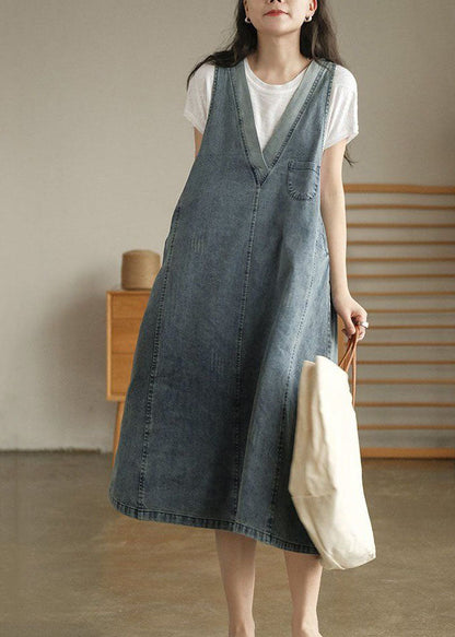 Blue V Neck Patchwork Denim Tank Dress Sleeveless