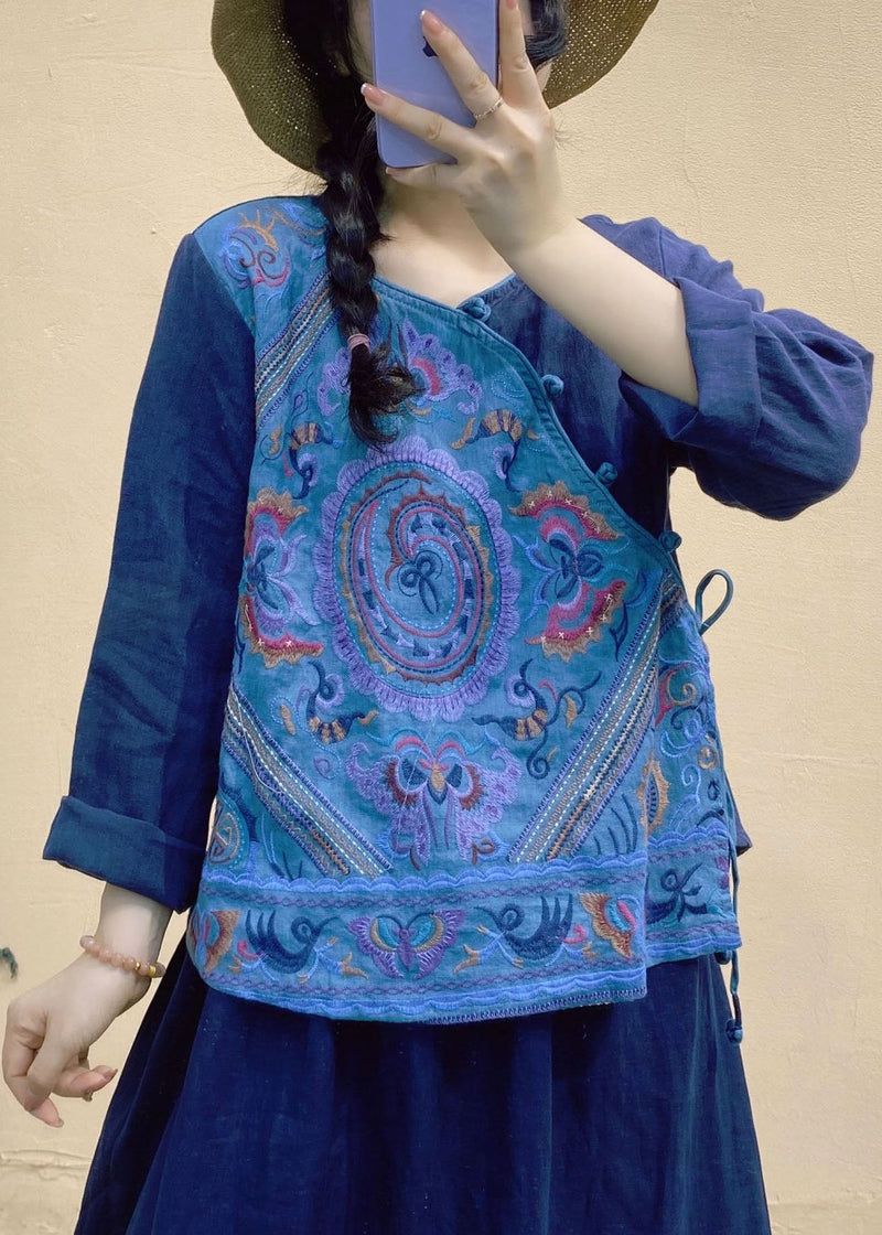 Blue V Neck Patchwork Linen Tops Long Sleeve