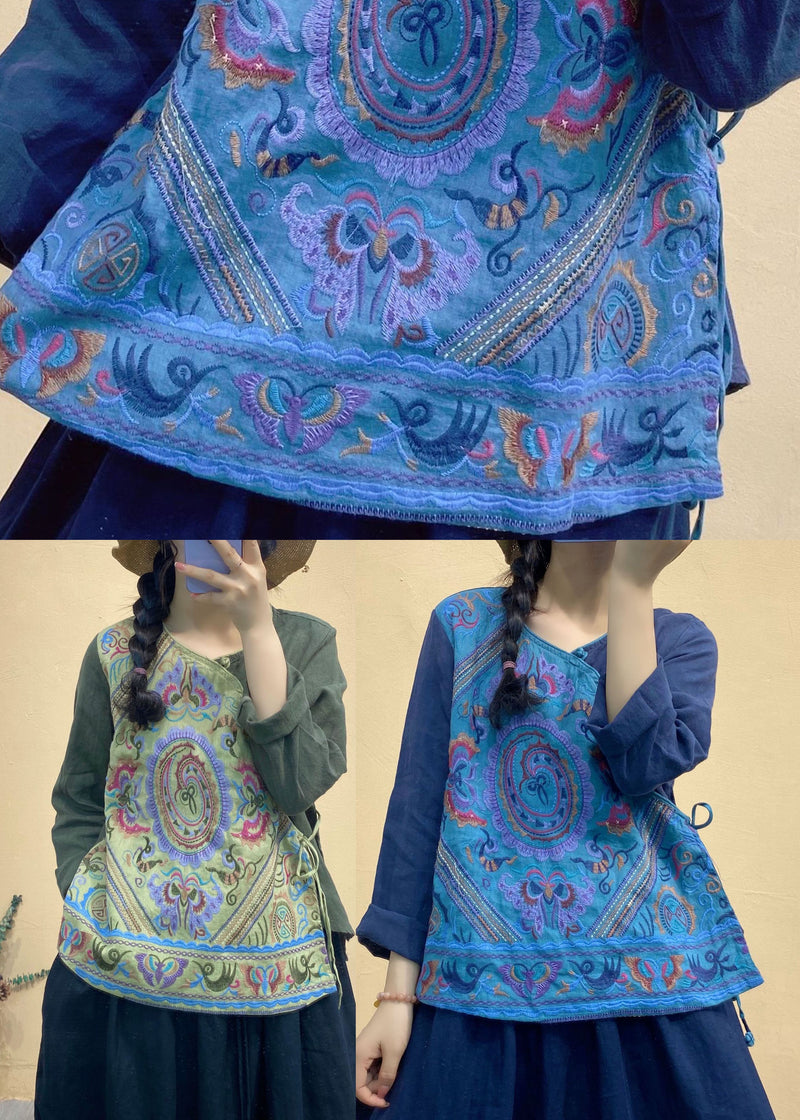 Blue V Neck Patchwork Linen Tops Long Sleeve