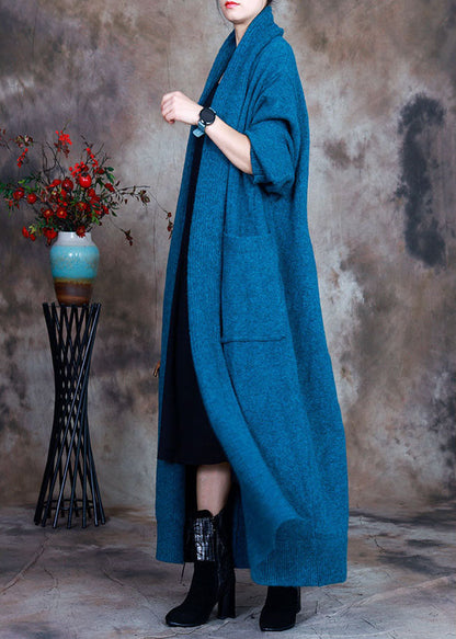 Blue V Neck Pockets Fall Knit Cardigan