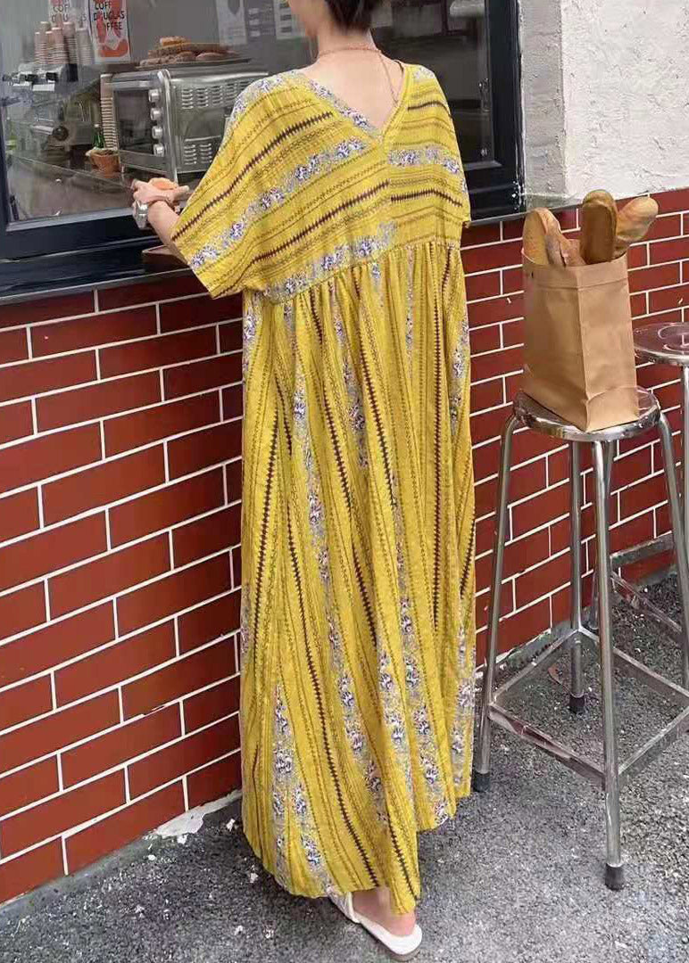 Blue V Neck Print Cotton Long Dresses Short Sleeve