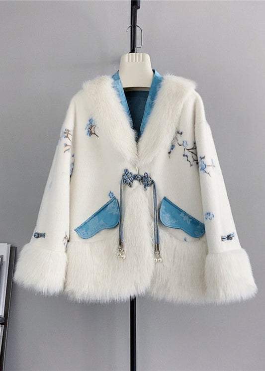 Blue V Neck Tasseled Chinese Button Wool Mink Cashmere Winter