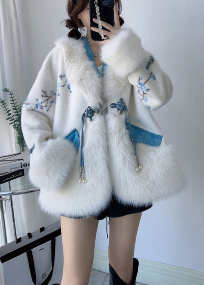 Blue V Neck Tasseled Chinese Button Wool Mink Cashmere Winter